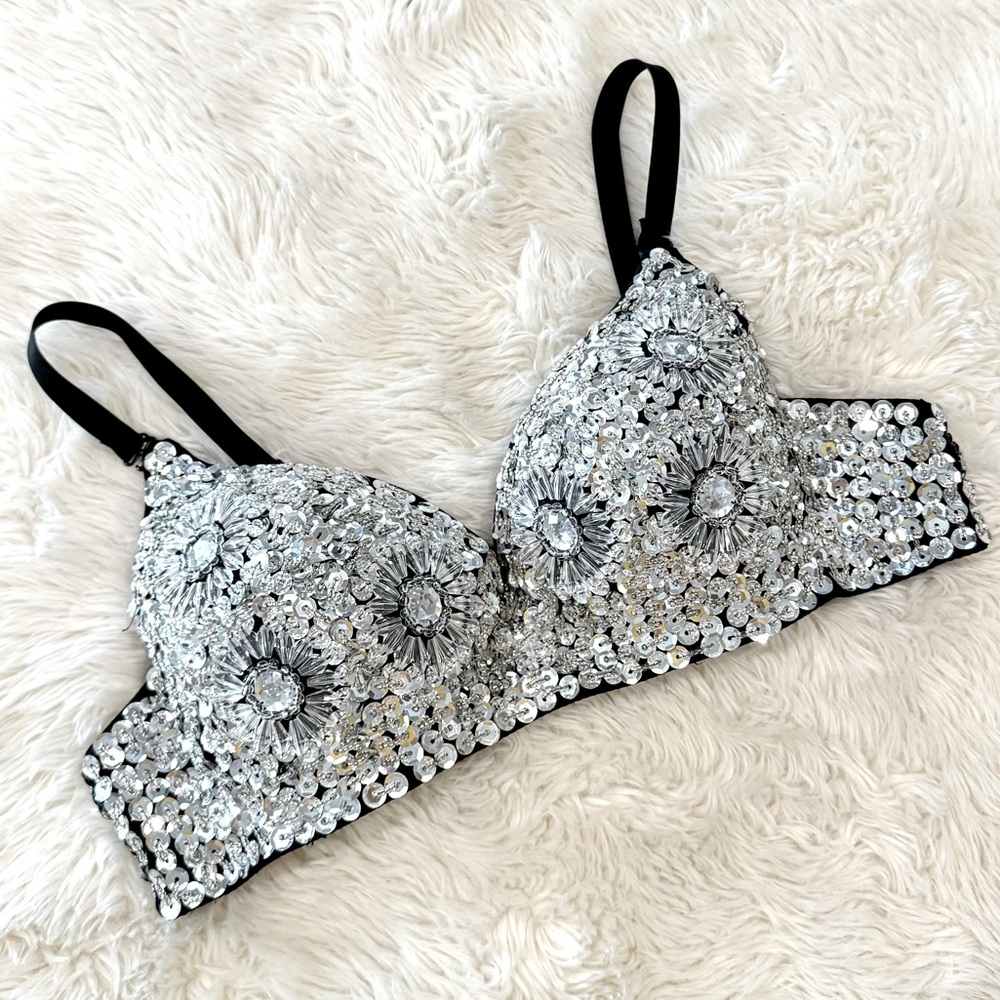 Sequin Embellished Silver and Black Bra